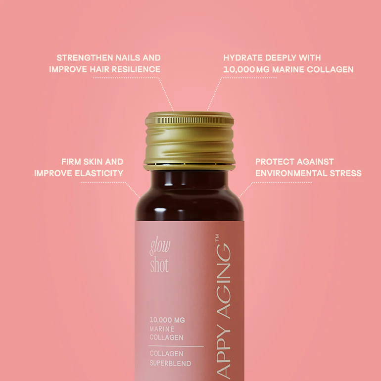 Glow Shots Marine Collagen bottle highlighting benefits like hydration and skin elasticity.