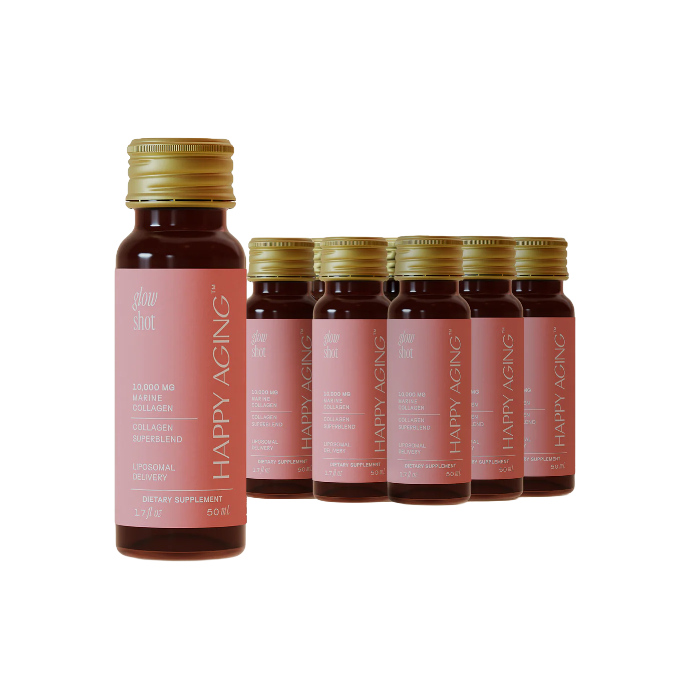 Glow Shots Marine Collagen dietary supplement bottles for skin hydration and firmness.