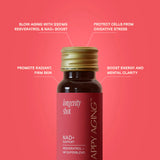NAD+ Longevity Shots with benefits like skin radiance, energy boost, and cell protection from oxidative stress.