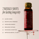 NAD+ Longevity Shots in a bottle, featuring benefits like slowing aging and enhancing cognition.
