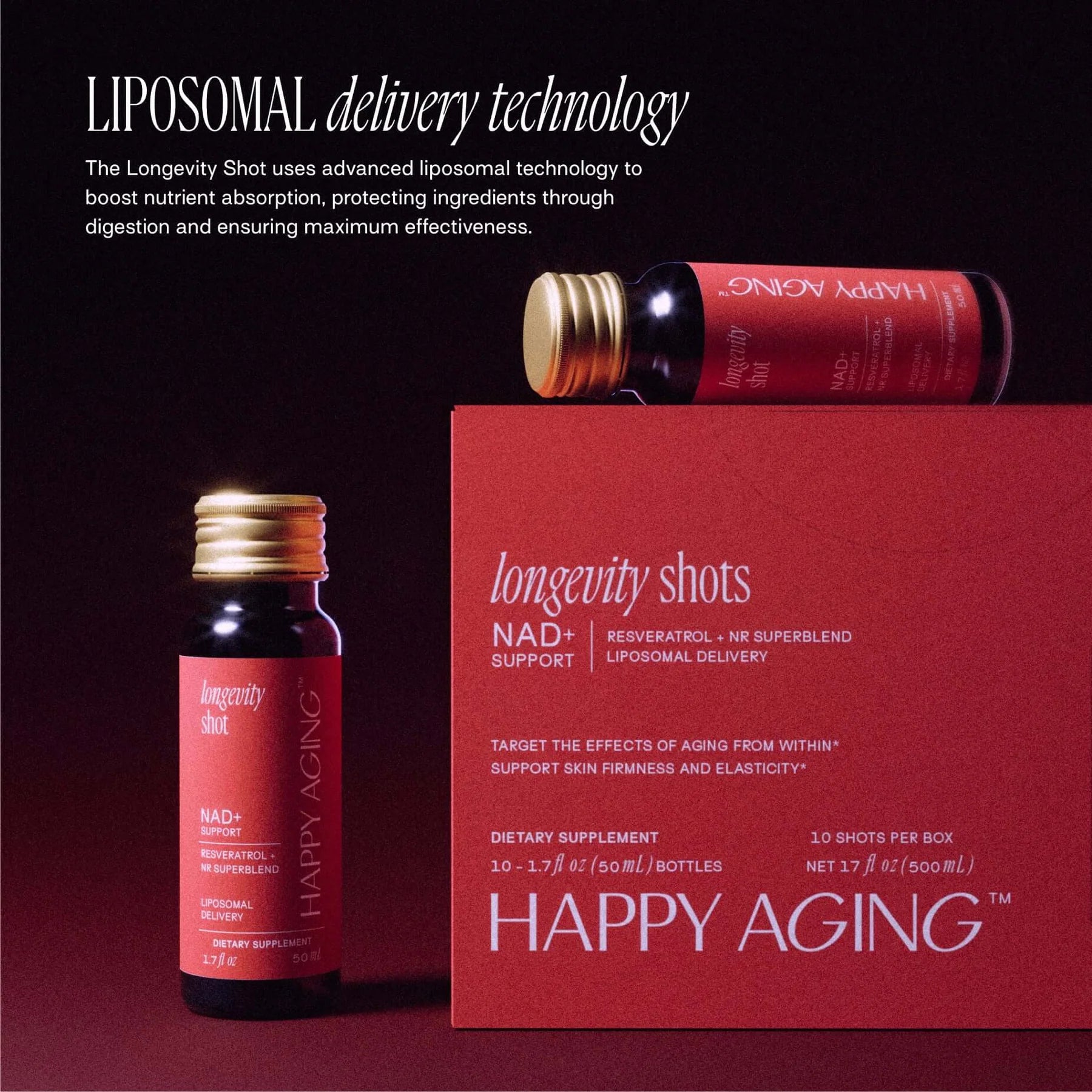 NAD+ Longevity Shots packaging featuring liposomal delivery technology for maximum nutrient absorption.