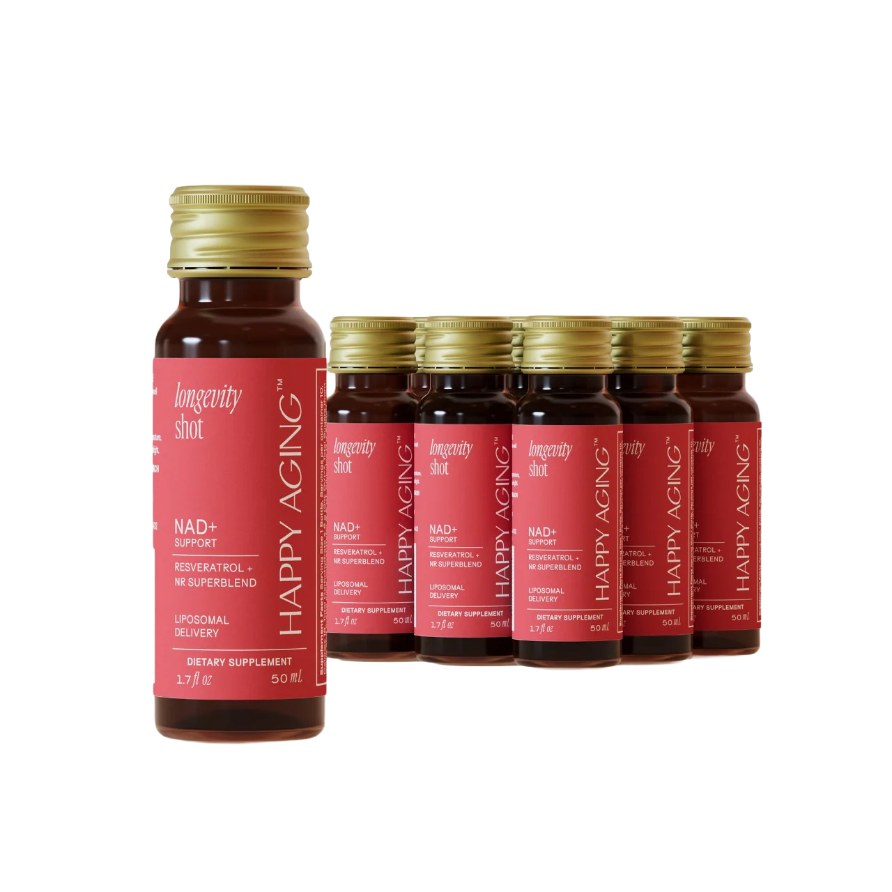 NAD+ Longevity Shots, berry-flavored dietary supplements for cellular repair and skin radiance.