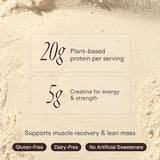 Lean Muscle Formula highlighting 20g plant-based protein and 5g creatine per serving for muscle recovery.