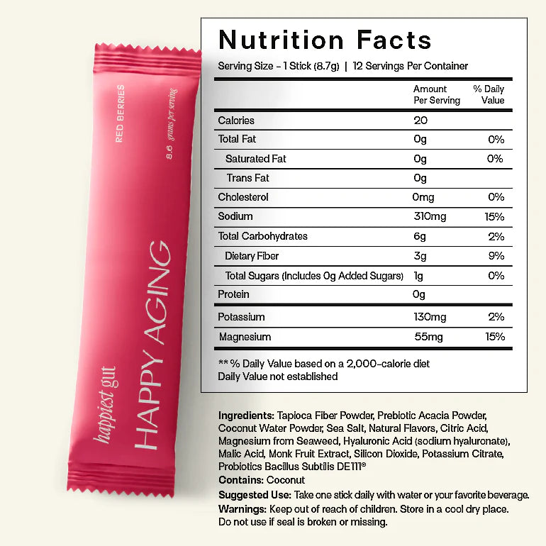 Happiest Gut Red Berries Sachet with Nutrition Facts for digestive support and electrolyte formula.