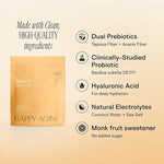 Happiest Gut packaging highlighting clean ingredients, dual prebiotics, probiotics, electrolytes, and monk fruit sweetener.