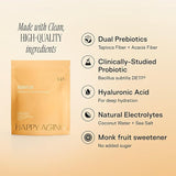Happiest Gut packaging highlighting clean ingredients, dual prebiotics, probiotics, electrolytes, and monk fruit sweetener.