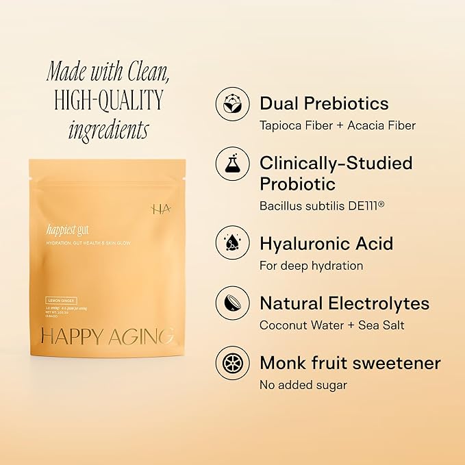 Happiest Gut packaging highlighting clean ingredients, dual prebiotics, probiotics, electrolytes, and monk fruit sweetener.