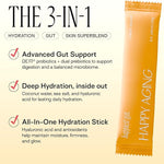 Happiest Gut Lemon Ginger hydration stick packaging featuring advanced gut support and hydration benefits.