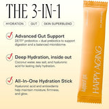 Happiest Gut Lemon Ginger hydration stick packaging featuring advanced gut support and hydration benefits.