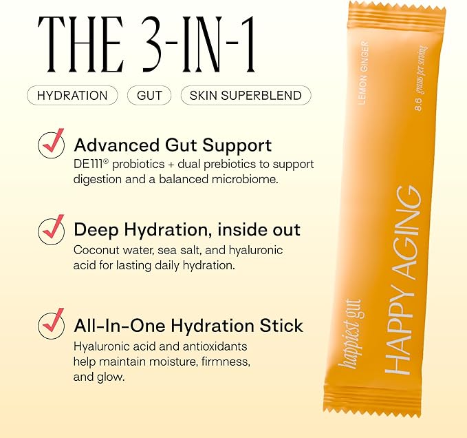 Happiest Gut Lemon Ginger hydration stick packaging featuring advanced gut support and hydration benefits.