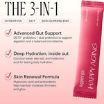Happiest Gut 3-in-1 hydration, gut support, and skin renewal formula sachet with red berries.