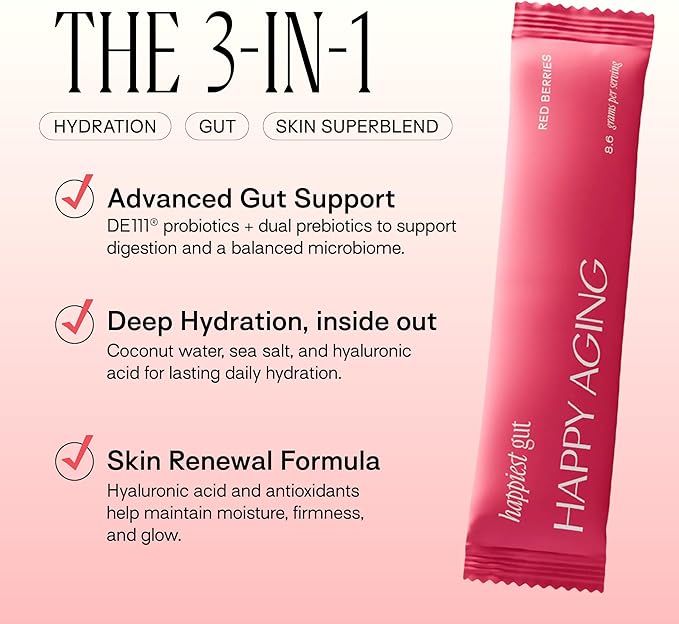 Happiest Gut 3-in-1 hydration, gut support, and skin renewal formula sachet with red berries.