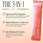 Happiest Gut 3-in-1 formula sachet for hydration, gut health, and skin renewal with strawberry lemonade flavor.