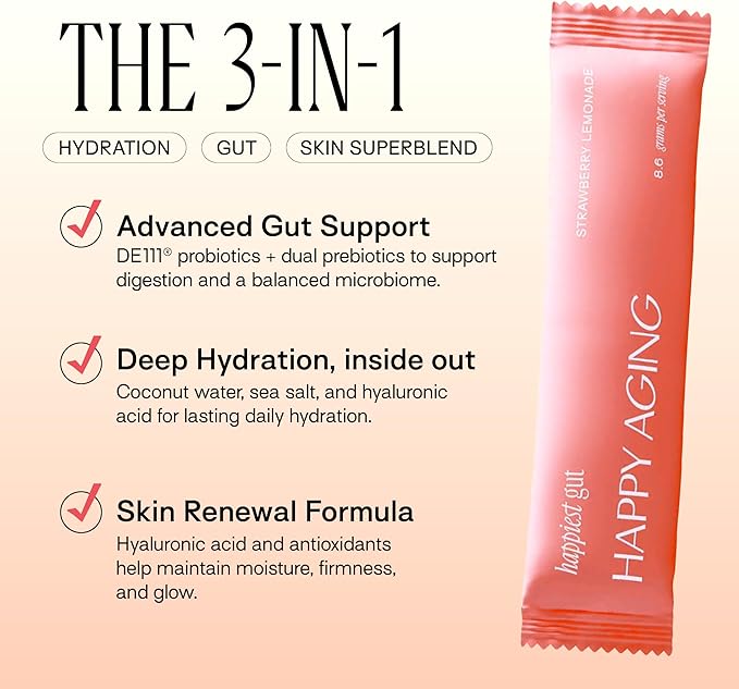 Happiest Gut 3-in-1 formula sachet for hydration, gut health, and skin renewal with strawberry lemonade flavor.