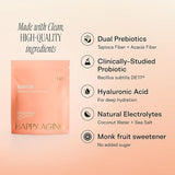 Happiest Gut electrolytes sachet highlighting clean ingredients like prebiotics and probiotics for gut health.