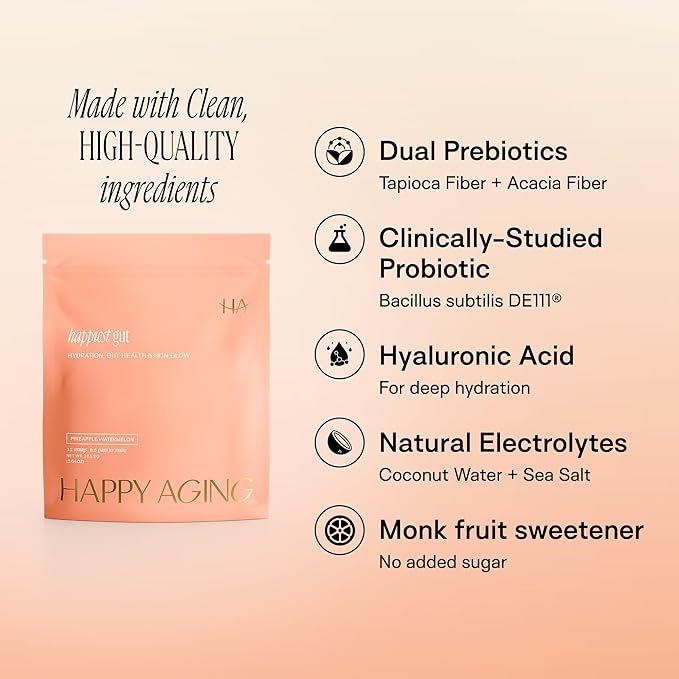Happiest Gut electrolytes sachet highlighting clean ingredients like prebiotics and probiotics for gut health.