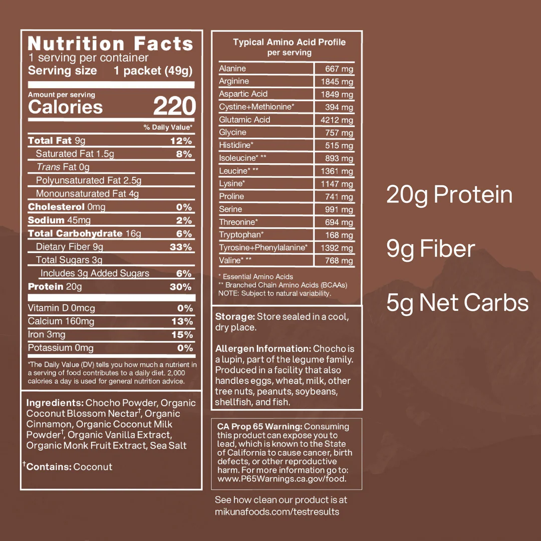 Nutrition facts for Chocho Plant Superfood Protein, showcasing 20g protein, 9g fiber, and 5g net carbs per serving.