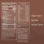 Nutrition facts for Chocho Plant Superfood Protein, showcasing 20g protein, 9g fiber, and 5g net carbs per serving.