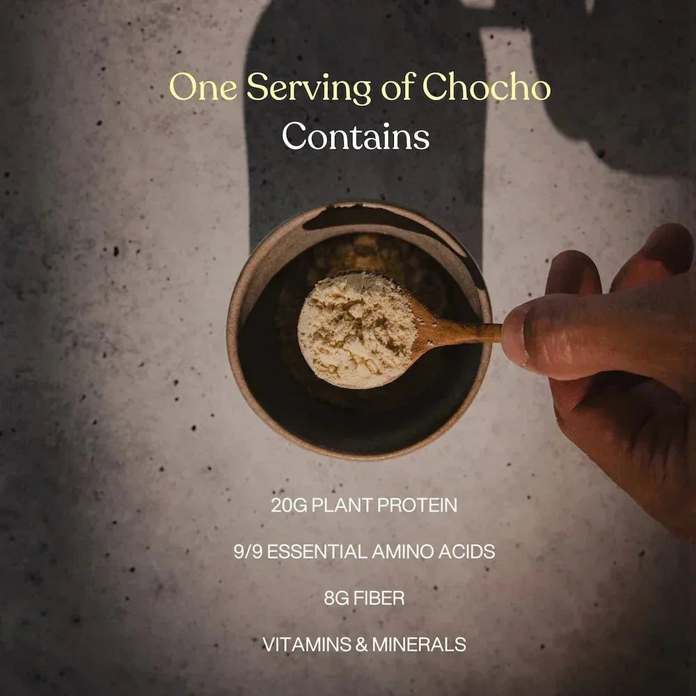 Chocho Plant Superfood Protein Powder showing 20g plant protein, 9 essential amino acids, and 8g fiber for nutrition.