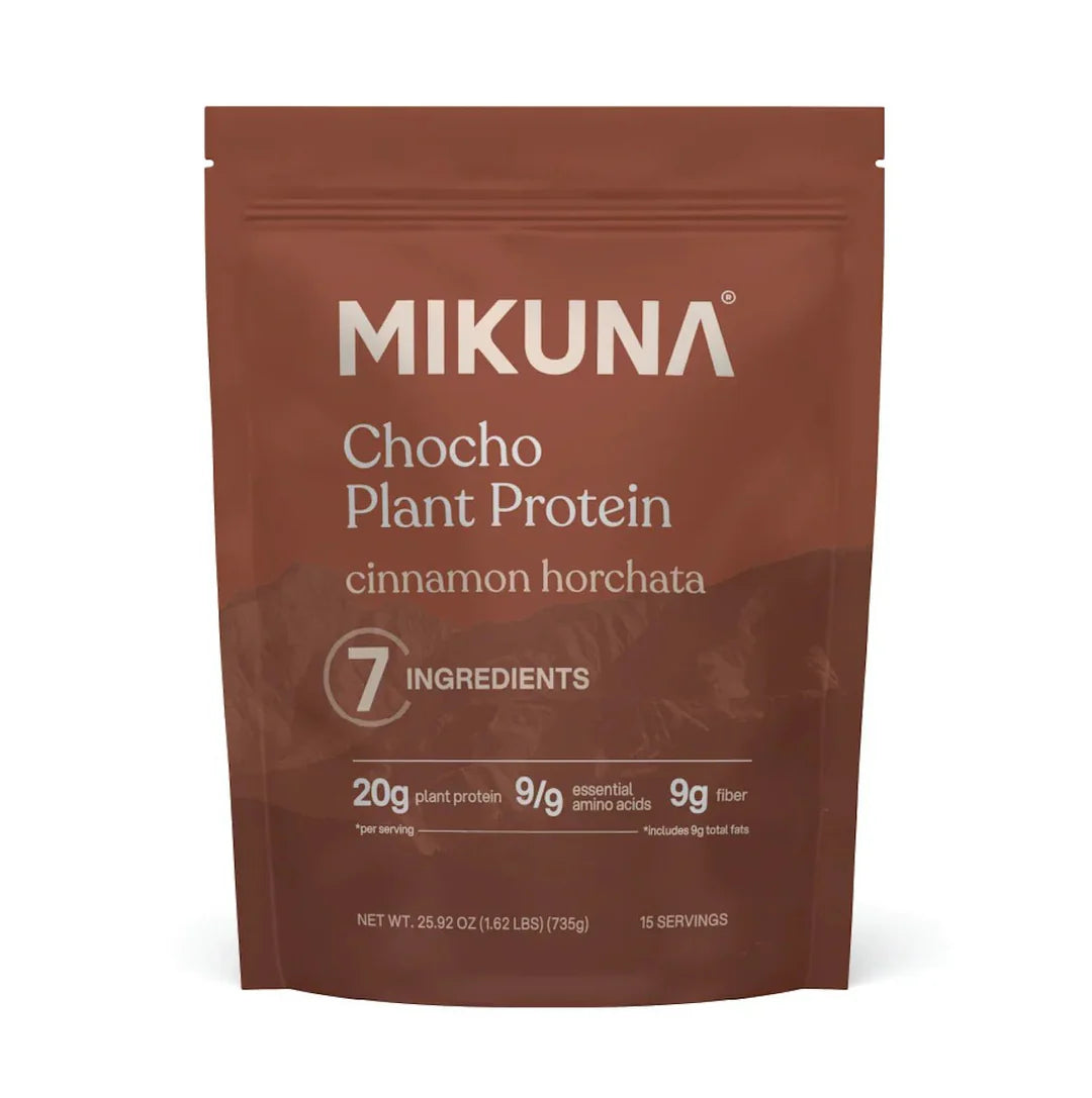 Chocho Plant Superfood Protein Powder packaging with cinnamon horchata flavor and detailed nutritional information.