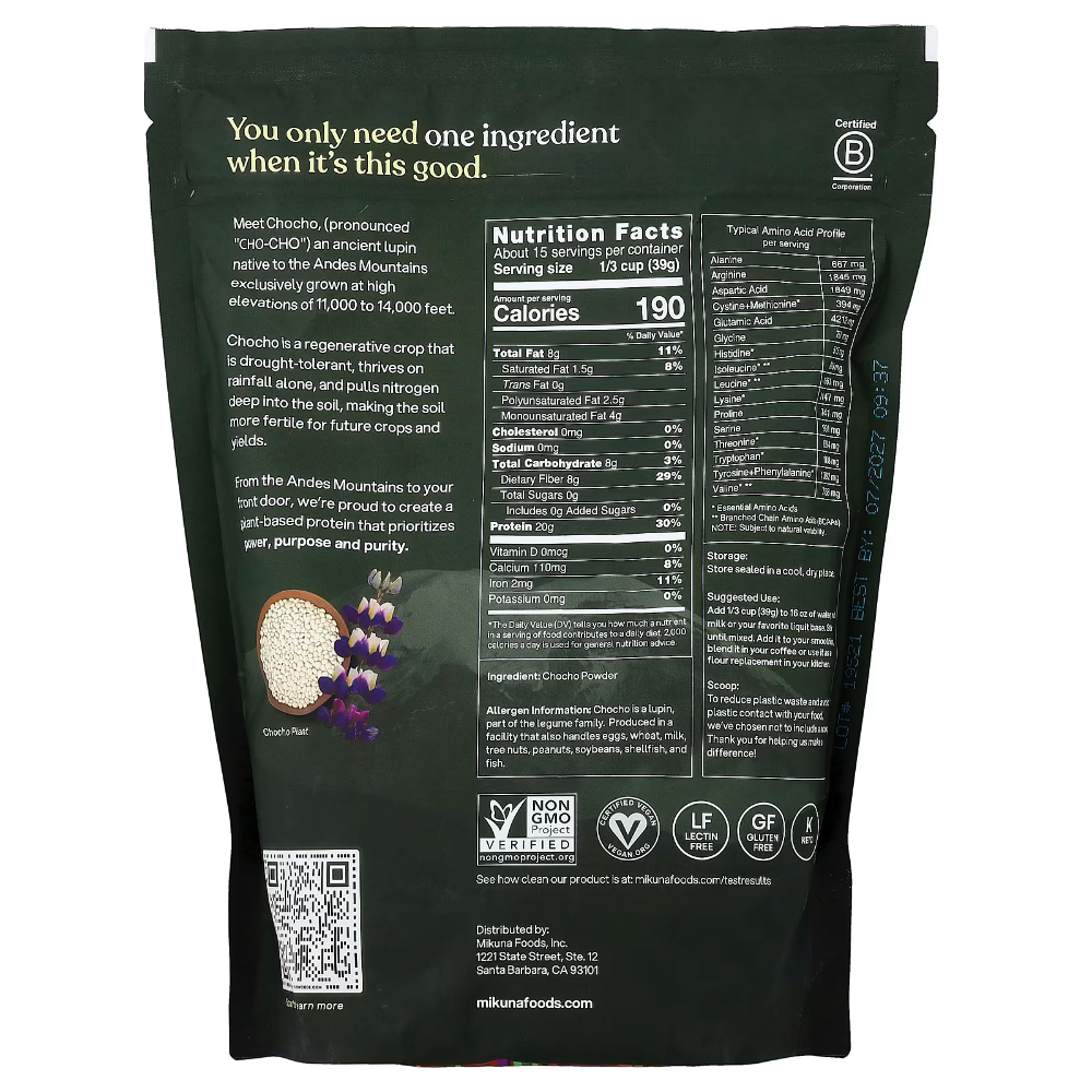 Chocho Plant Superfood Protein Powder back packaging with nutrition facts and ingredient list.