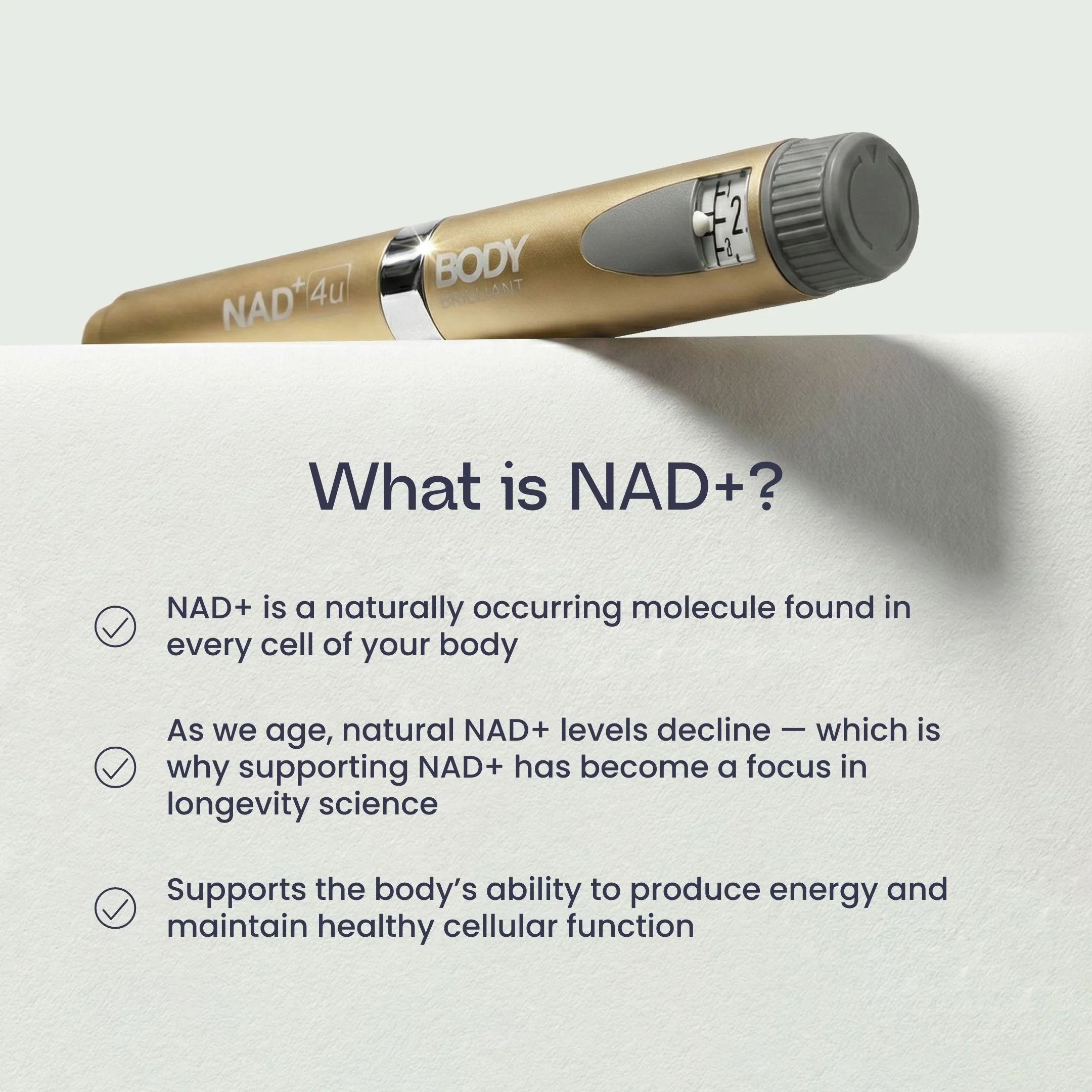 NAD+ Pen with text about NAD+ benefits and its importance in cellular function and longevity.