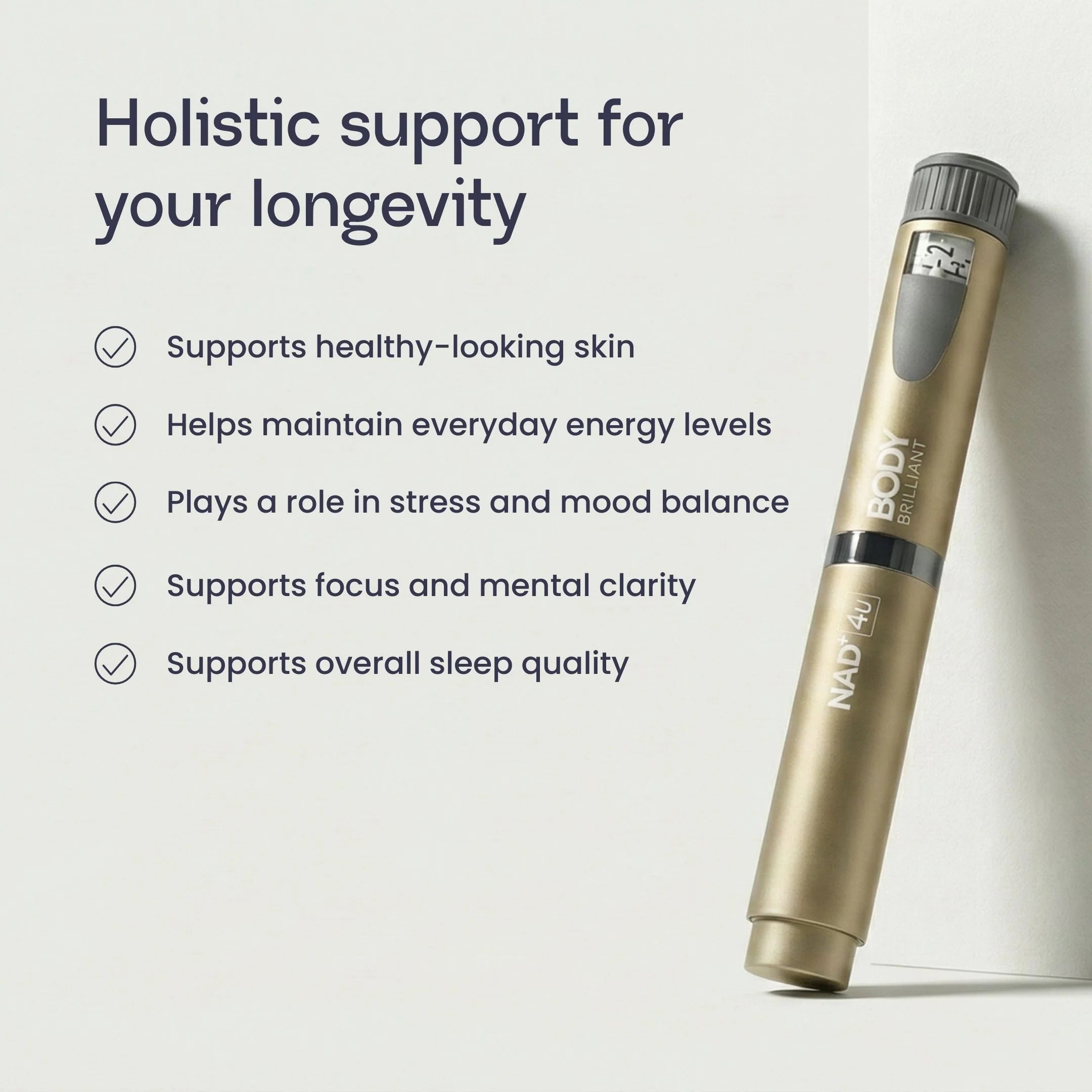 NAD+ Pen Starter Kit highlighting benefits for longevity, energy levels, and mental clarity.