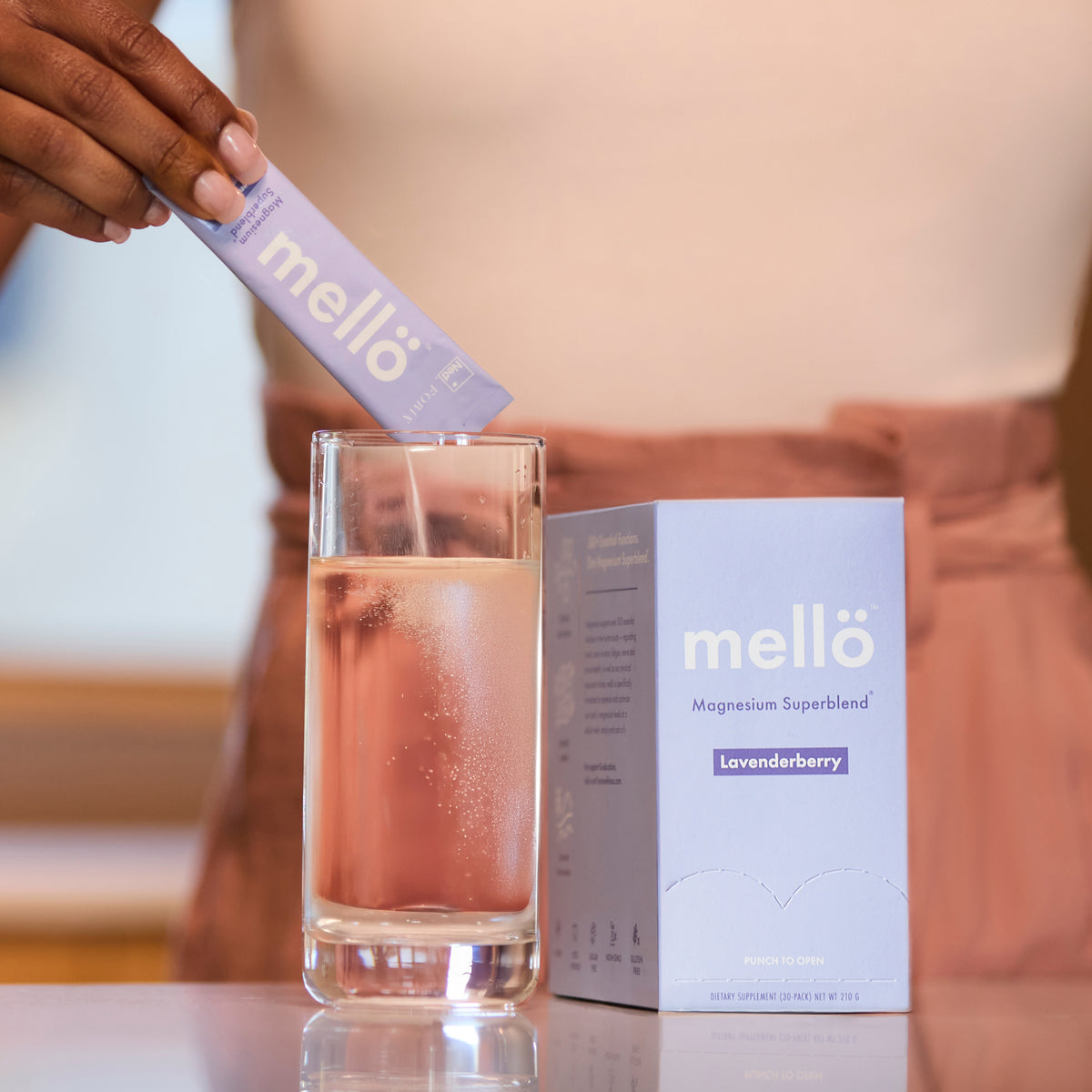 NED - Mellö Magnesium - Travel Sticks being mixed into a glass of water for a refreshing drink.