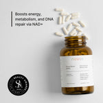 NOVOS Boost (NMN) capsules in a bottle, promoting energy and healthy aging through increased NAD+ levels.