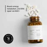 NOVOS Boost (NMN) capsules in a bottle, promoting energy and healthy aging through increased NAD+ levels.