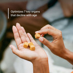 Hand holding NOVOS Vital tropical gummies that optimize 7 key organs declining with age.