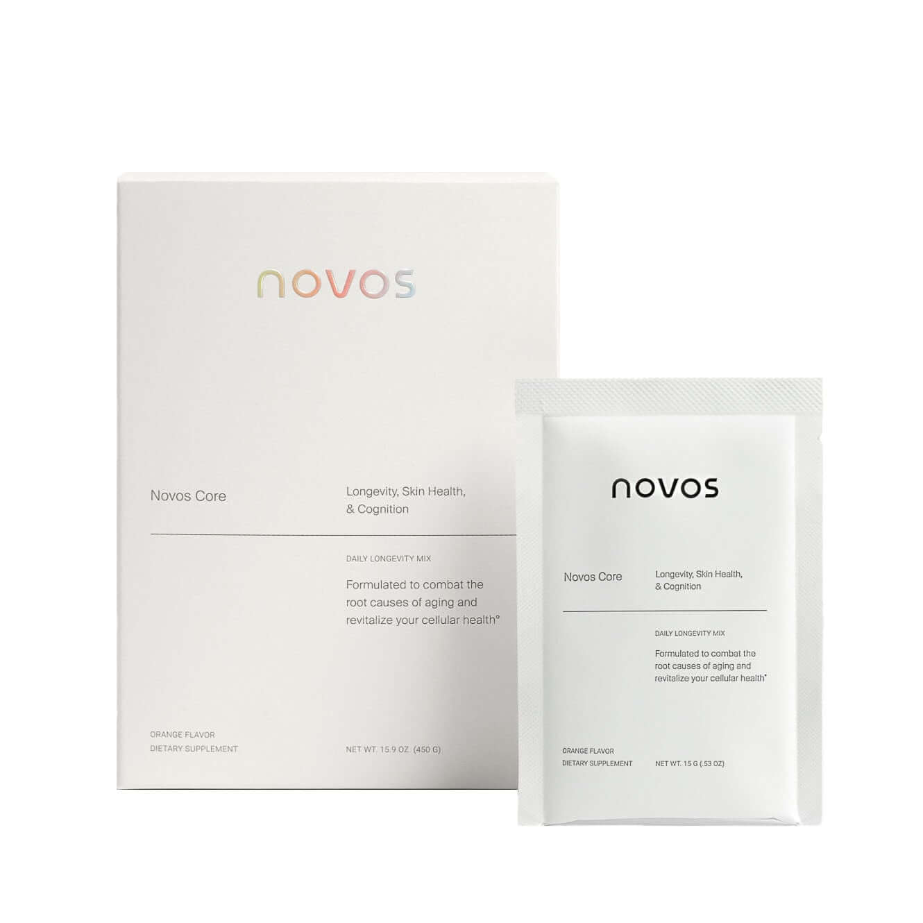 NOVOS Core Unflavored 30 Sachets packaging, part of the NOVOS Longevity Duo
