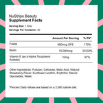 Beauty In A Strip Supplement Facts showing biotin, folate, and vitamin E for beauty support in a fast-dissolving strip.