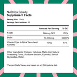 Beauty In A Strip Supplement Facts showing biotin, folate, and vitamin E for beauty support in a fast-dissolving strip.