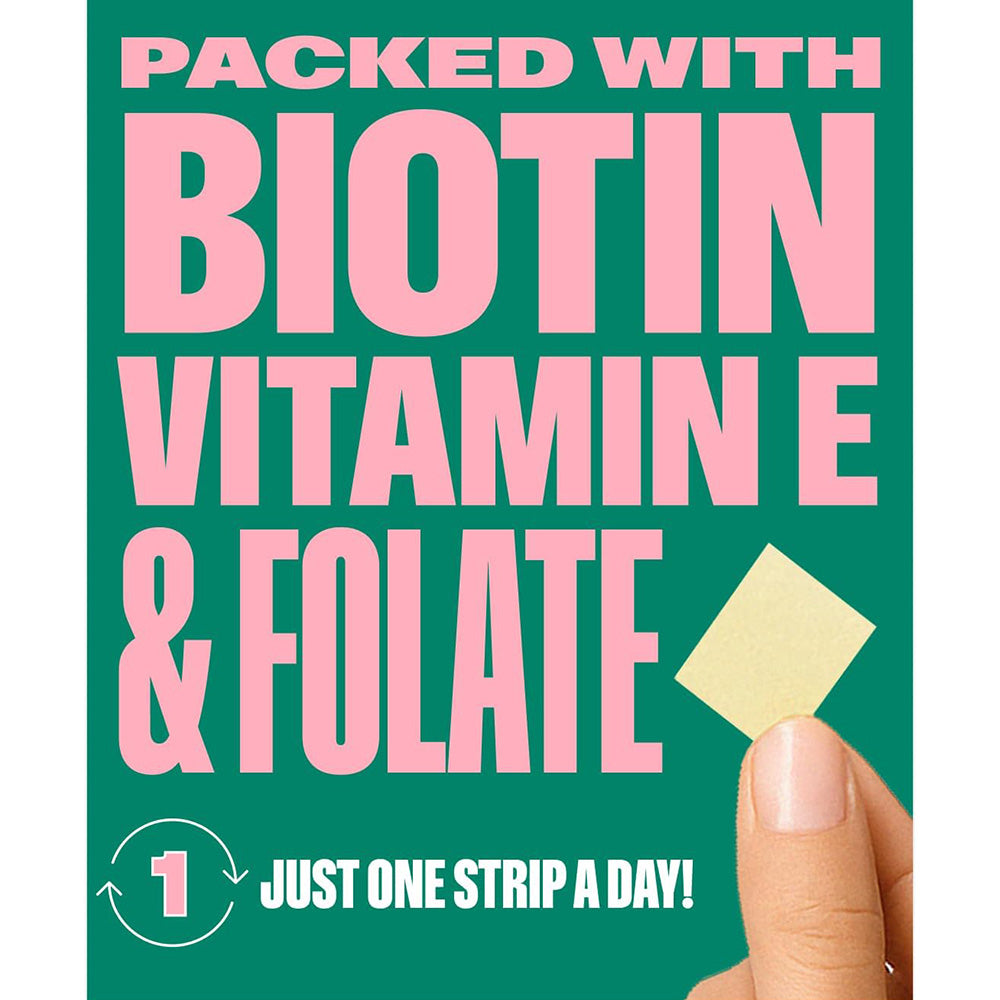 Beauty In A Strip packaging highlighting biotin, vitamin E, and folate for beauty support.