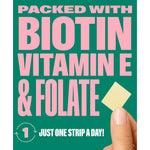 Beauty In A Strip packaging highlighting biotin, vitamin E, and folate for beauty support.