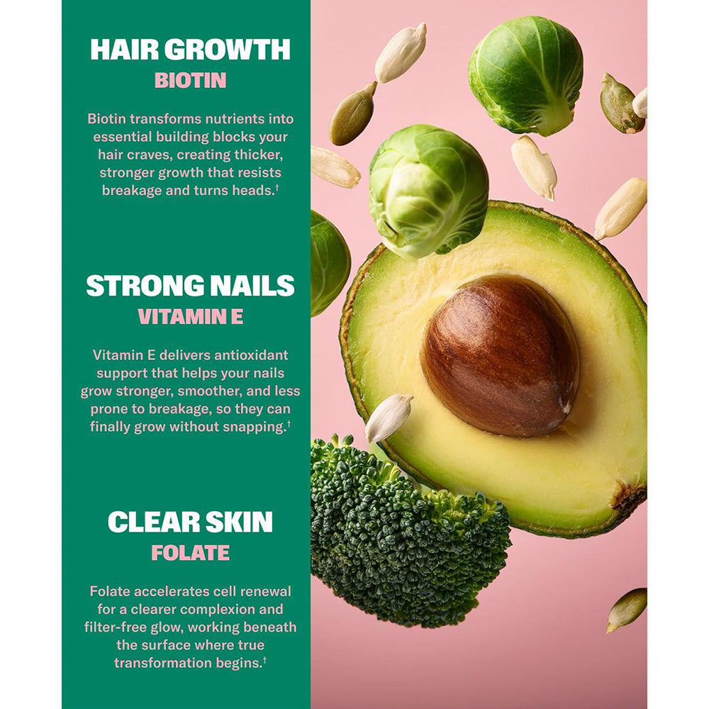Beauty In A Strip ingredients for hair growth, strong nails, and clear skin featuring biotin, vitamin E, and folate.