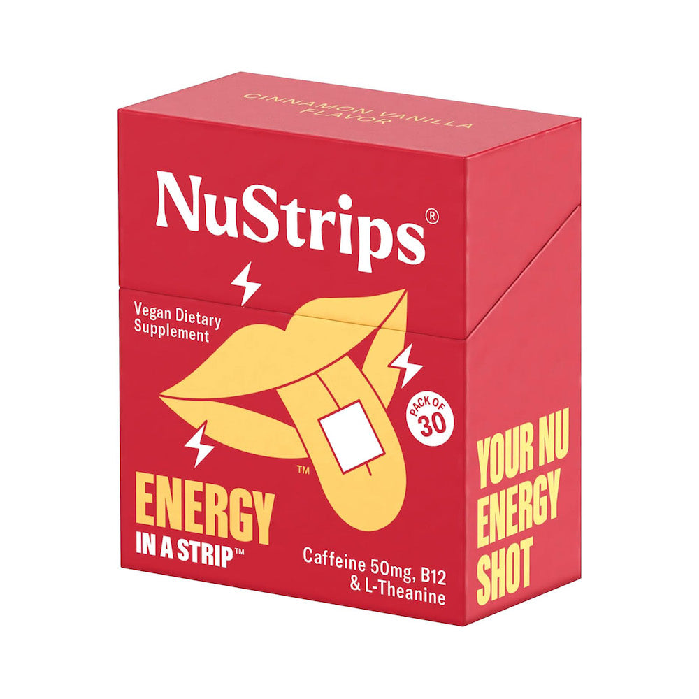 Energy In A Strip cinnamon vanilla packaging, vegan energy supplement with caffeine, B12, and L-Theanine.