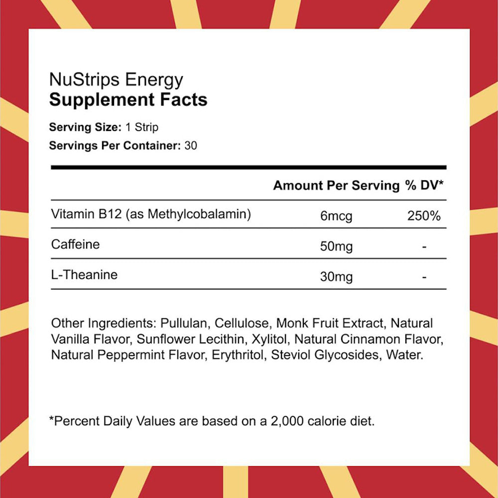 Energy In A Strip supplement facts showing 50 mg caffeine, 30 mg L-Theanine, and B12 for clean energy.