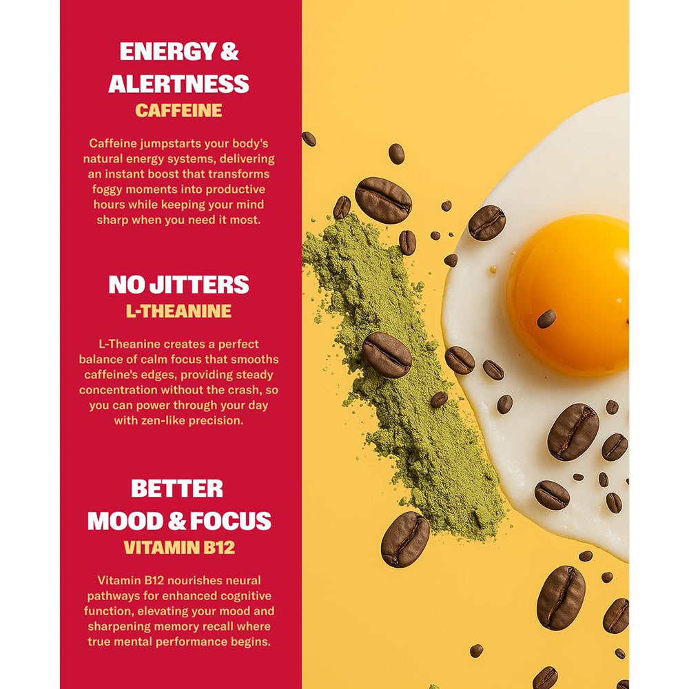 Energy In A Strip product benefits highlighting energy, alertness, no jitters, and improved mood with ingredients like caffeine and B12.