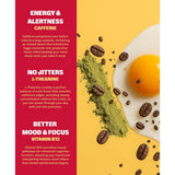 Energy In A Strip product benefits highlighting energy, alertness, no jitters, and improved mood with ingredients like caffeine and B12.