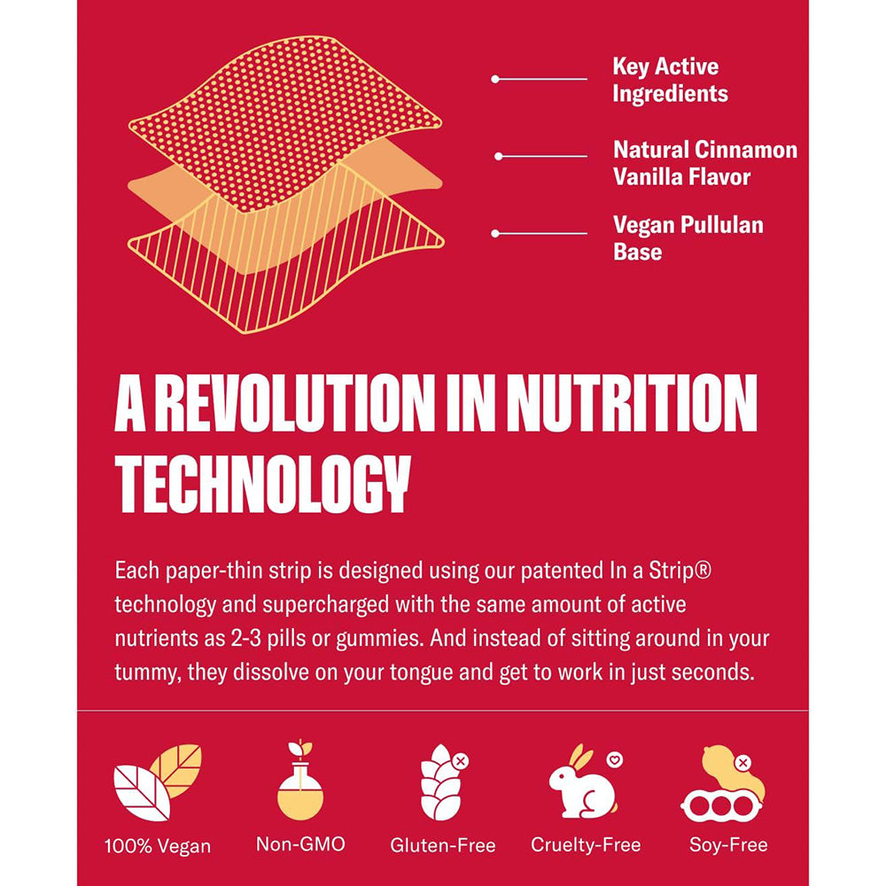 Energy In A Strip features a natural cinnamon vanilla flavor with key active ingredients highlighted.