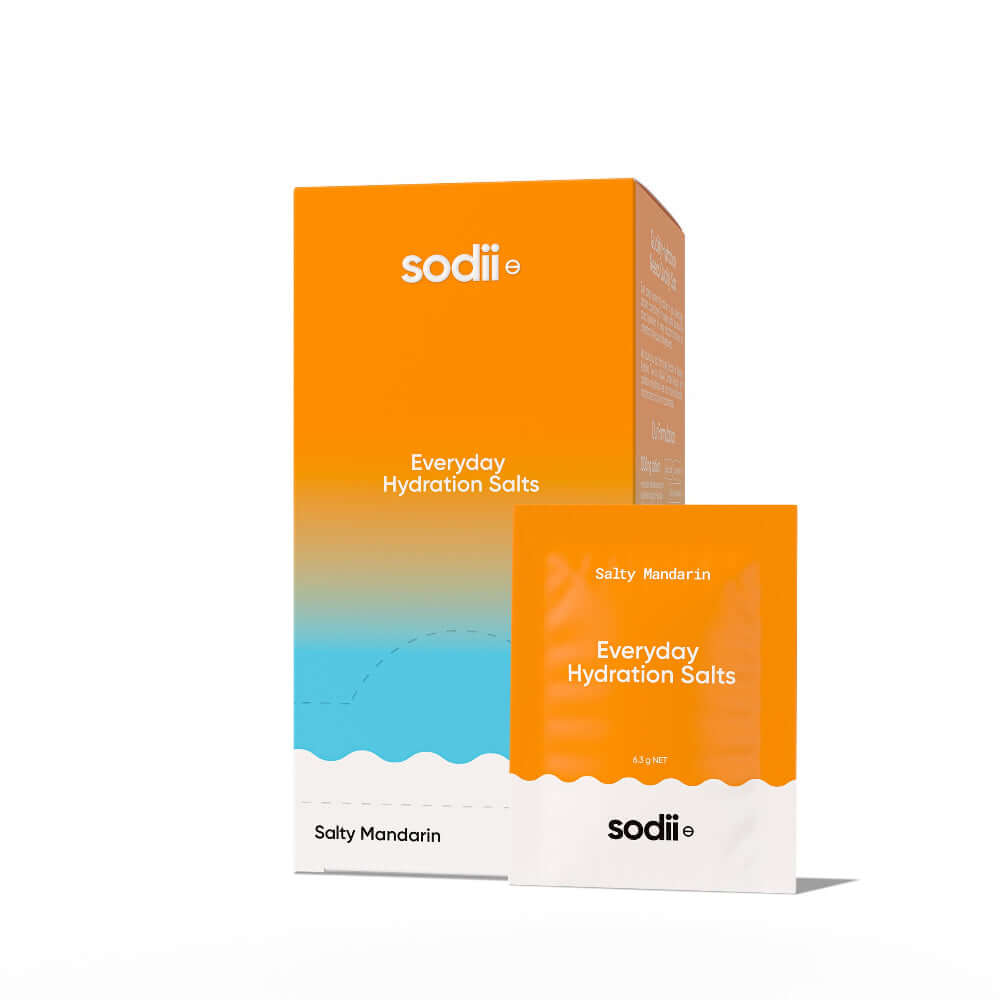 Sodii - Everyday Hydration Salts packaging in Salty Mandarin flavor, showcasing clean electrolyte blend for hydration.
