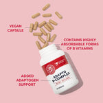 VIMERGY - Adapto B-complex supplements bottle with capsules showing vegan and absorbable B vitamins.