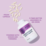 Vegan magnesium glycinate supplement bottle with capsules on a purple background
