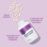 Vegan magnesium glycinate supplement bottle with capsules on a purple background