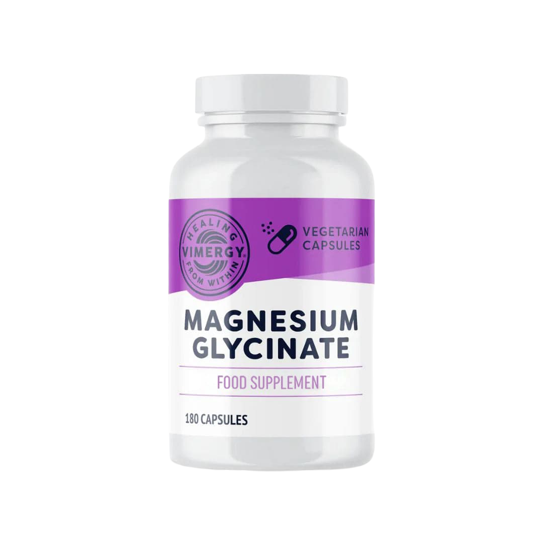 Vimergy Magnesium Glycinate supplement bottle with 180 vegetarian capsules for stress resilience and energy.