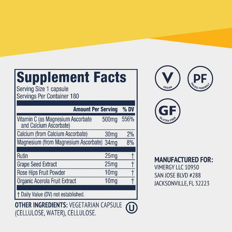 Micro-C | 180 Capsules Supplement Facts label showing vitamin C and other ingredients.