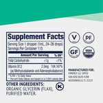 Supplement facts panel for Vimergy Organic Liquid B12 highlighting vitamin content and serving information.
