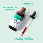 Liquid B12 supplement bottle with dropper on a light green background